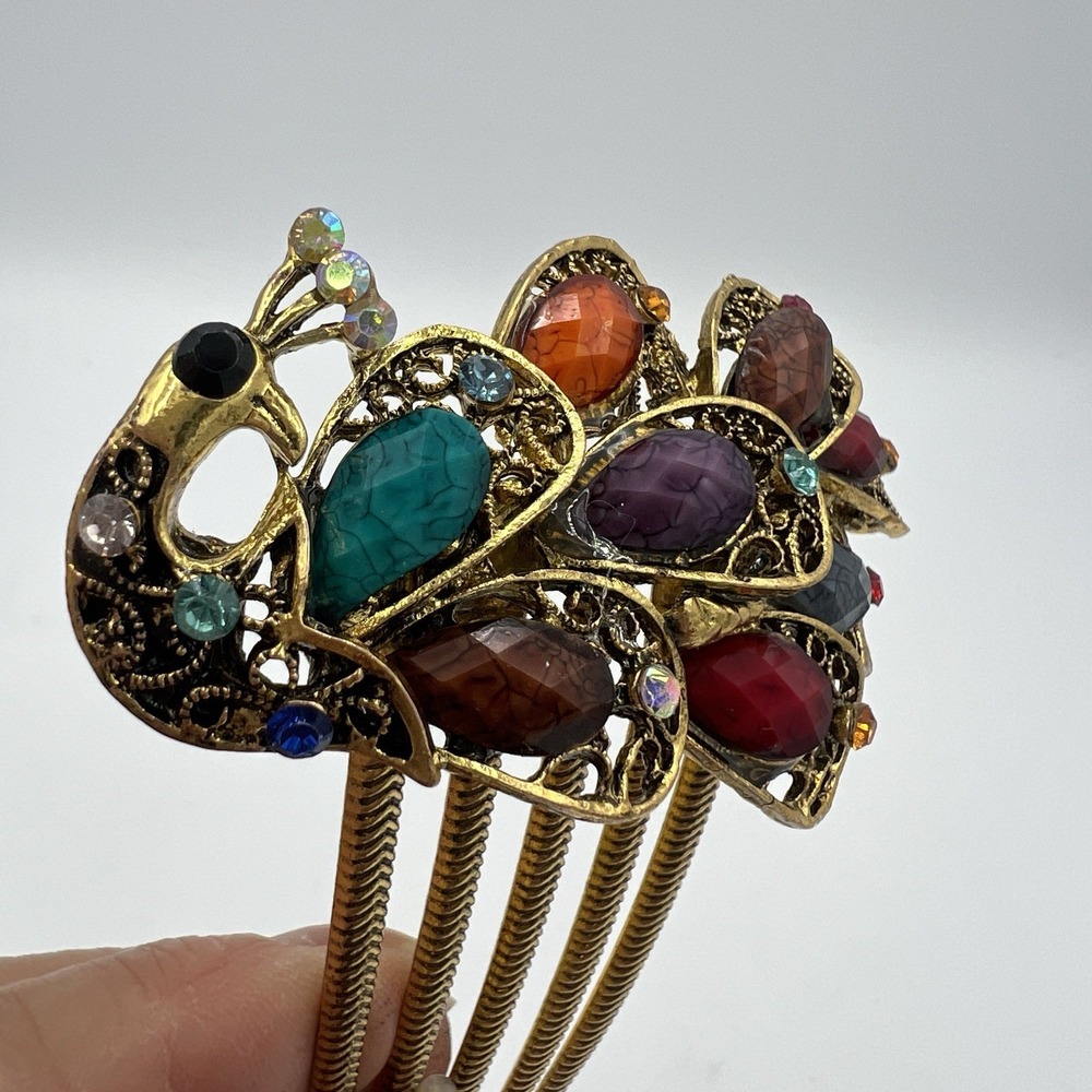 Peacock beads & Rhinestones Hair Comb multi color & AB‎ gold tone